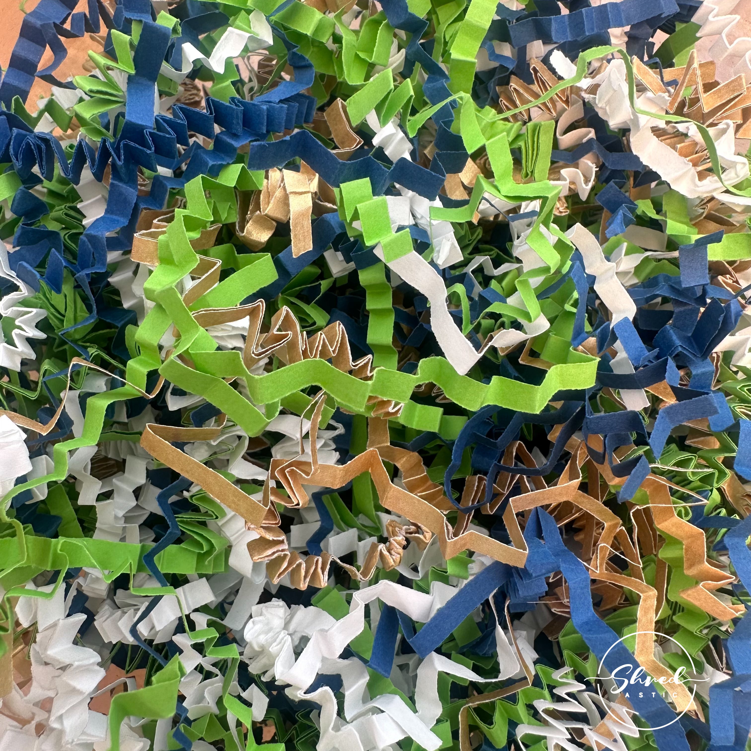 ShredAstic®️ Blue Green Gold White ZigZag Crinkle Paper Mix