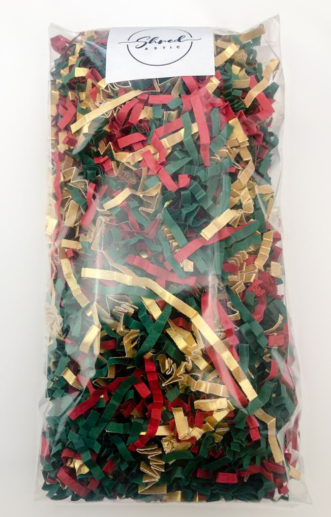 ShredAstic®️ Red, Gold & Spruce Green ZigZag Crinkle Paper Mix. Limited stock