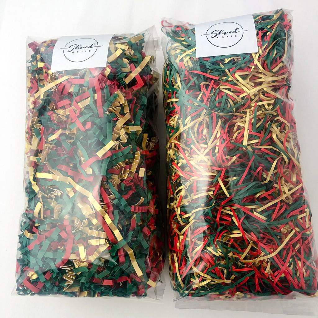 ShredAstic®️ Red, Gold & Spruce Green ZigZag Crinkle Paper Mix. Limited stock