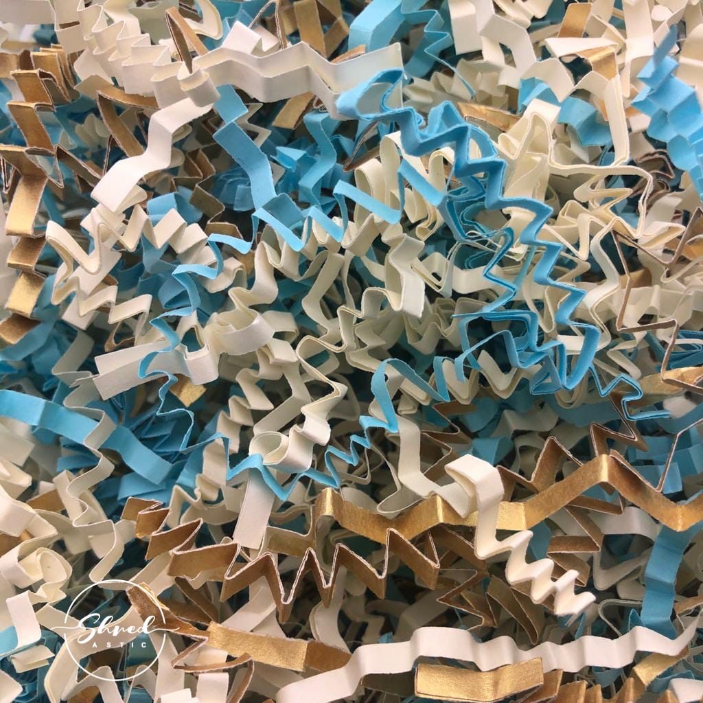 ShredAstic®️ Pale Blue, Gold & Ivory ZigZag Crinkle Paper Mix