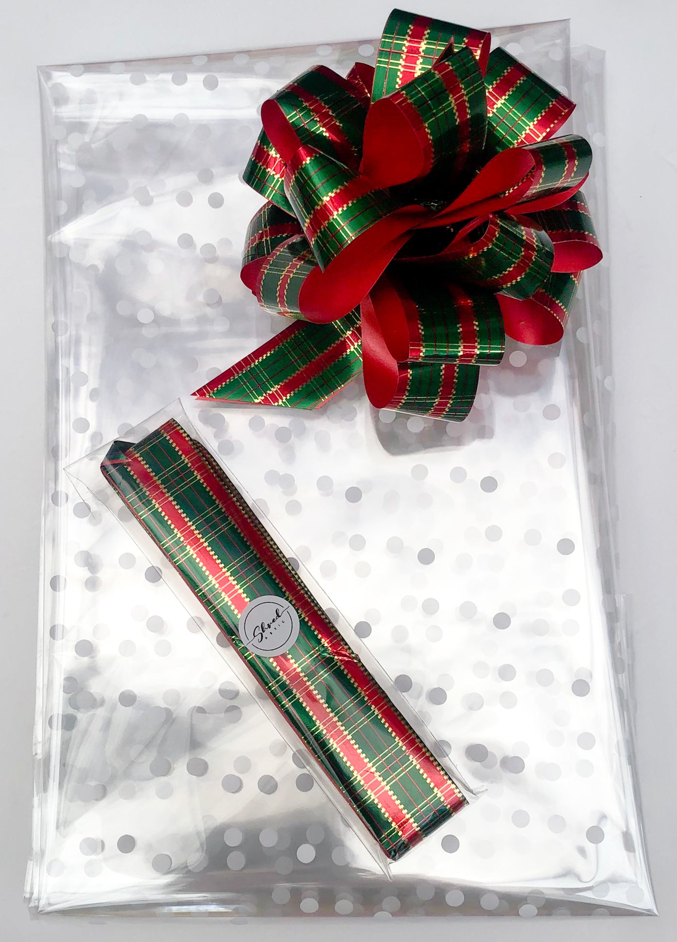 Large Dot Cellophane & Metallic Pull Bow