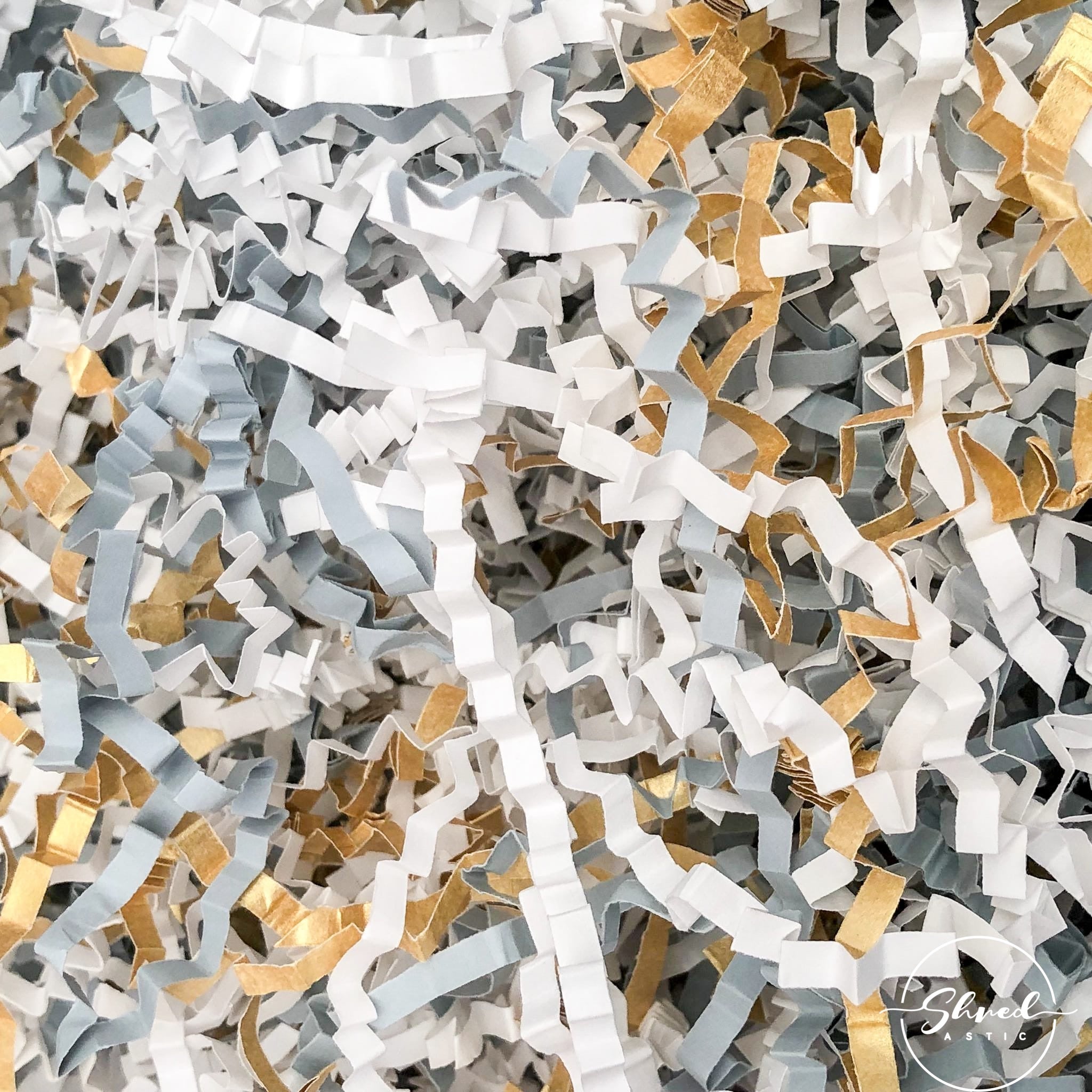 ShredAstic®️ Wedding Mix White, Dove Grey and Gold ZigZag Crinkle Paper Mix ‘Shabby Chic’