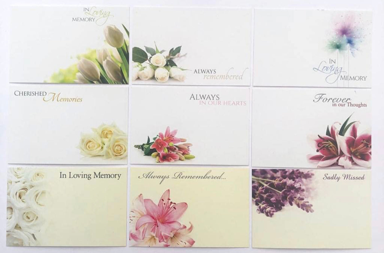 Pack 9 Funeral (Pack of 9) K set Florist Message Cards with cello bags small 6 x 9cm