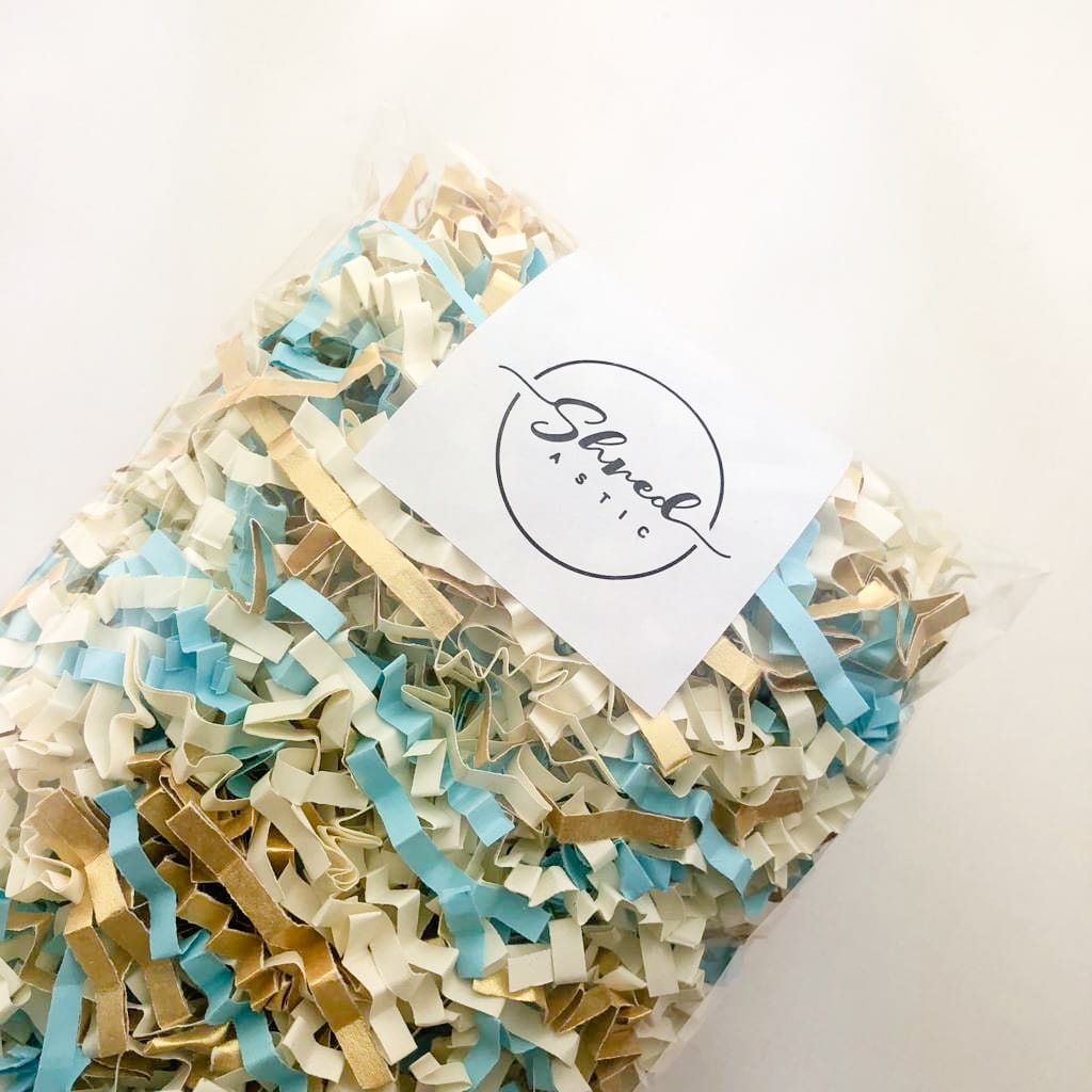 ShredAstic®️ Pale Blue, Gold & Ivory ZigZag Crinkle Paper Mix