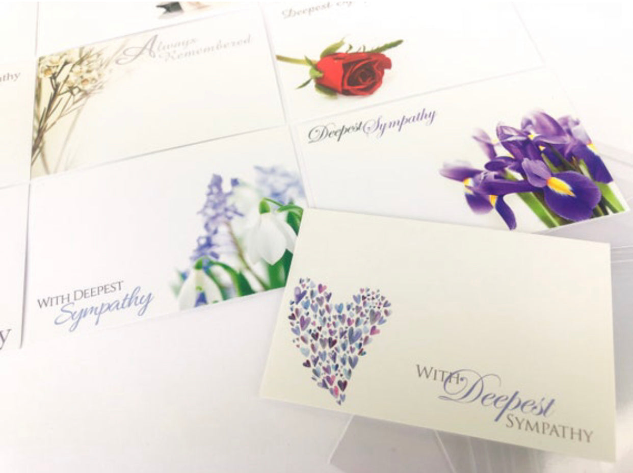 Deepest Sympathy Funeral (Pack of 10) Floristry Cards small 6 x 9cm with clear cello envelopes