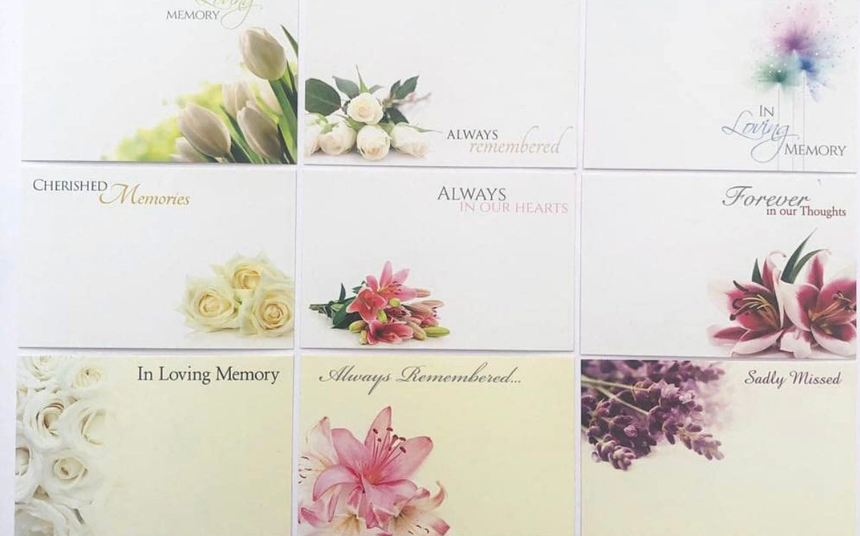 Pack 9 Funeral (Pack of 9) K set Florist Message Cards with cello bags small 6 x 9cm